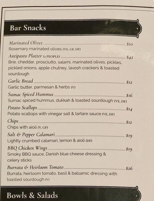 Fortune of War menu showing bar snacks