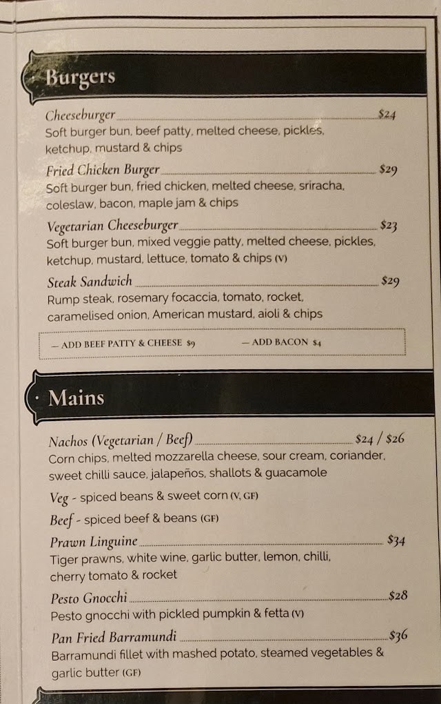Fortune of War menu showing burgers and mains