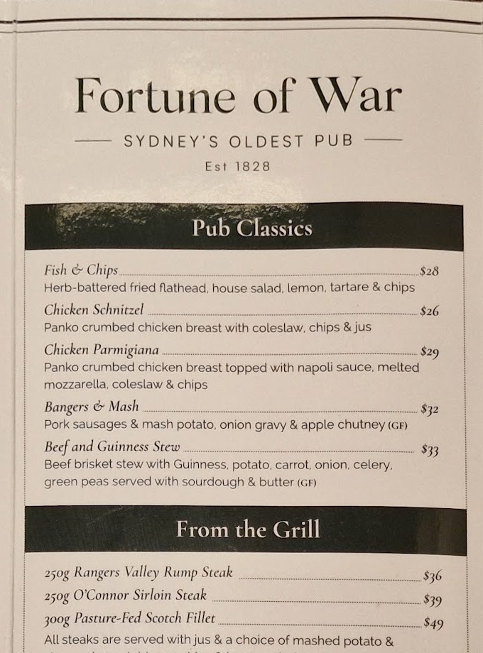 Fortune of War menu showing pub classics and grill items